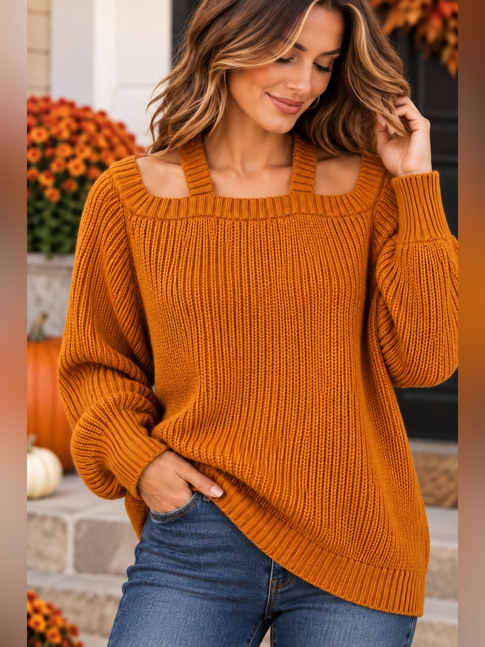 Cozy Off-the-Shoulder Ribbed Sweater Fall Orange Chunky Women’s Size M
